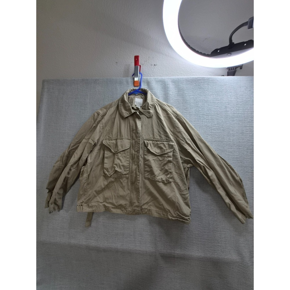 H&M Oversize Boxy Jacket Womens XS Beige Flap Pockets Full Zip Winter Hunting